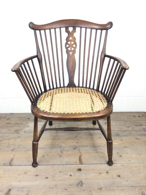 Edwardian Windsor Stick Back Armchair with Cane Seat