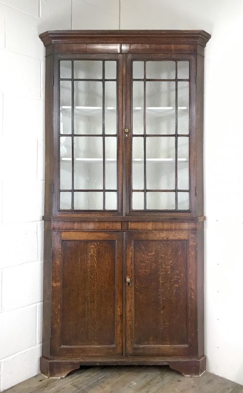 fig 1. 19th Century Antique Oak Glazed Corner Cupboard