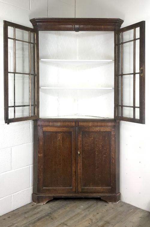 fig 2. 19th Century Antique Oak Glazed Corner Cupboard