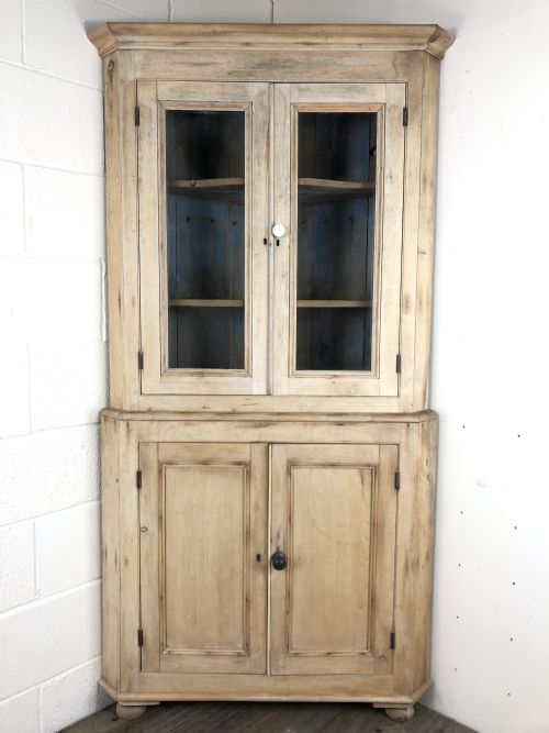 Victorian Stripped Pine Corner Cupboard with Glazed Top