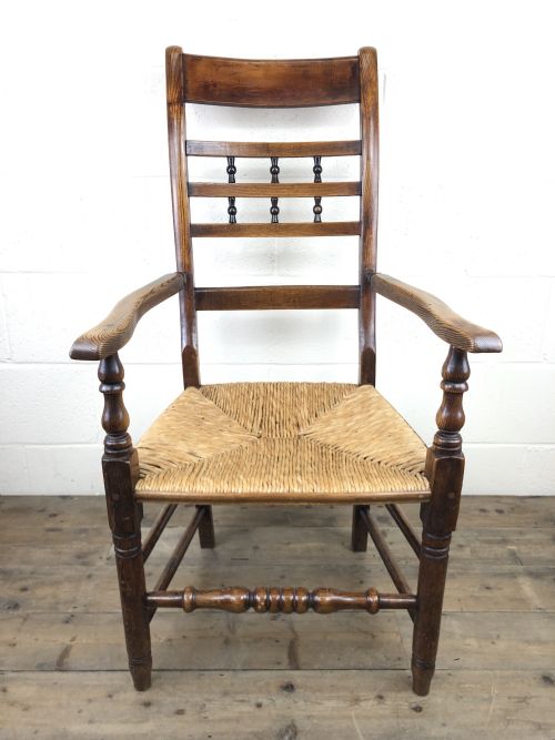 Antique Elm Spindle Back Armchair with Rush Seat