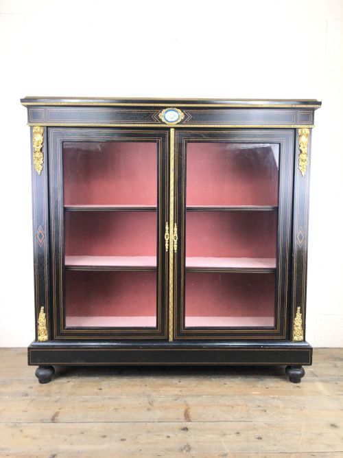 Victorian Ebonised Inlaid Side Cabinet with Brass Mounts