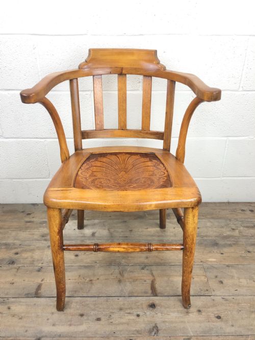 Early 20th Century Beech Smoker’s Armchair with Pokerwork Seat