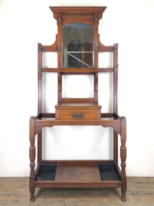 Antique Oak Hall Stand with Mirror