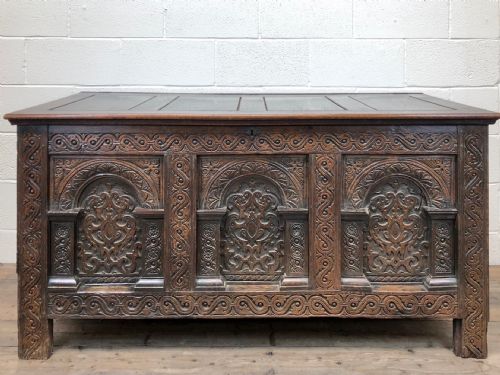 fig 1. Antique Large and Impressive 17th Century Carved Oak Coffer Chest