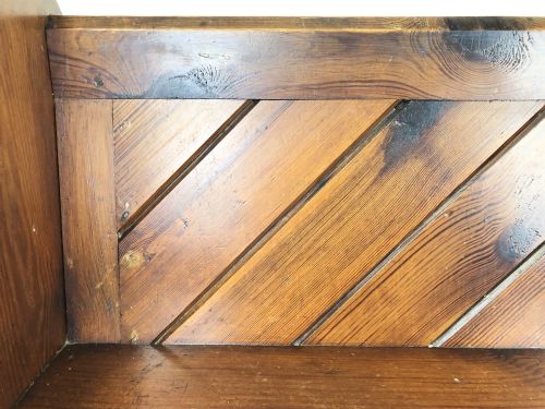 fig 1. Antique Pitch Pine Church Pew with Enamel Number Twenty-Eight
