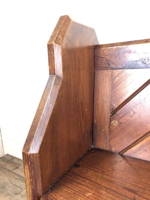 fig 2. Antique Pitch Pine Church Pew with Enamel Number Twenty-Eight