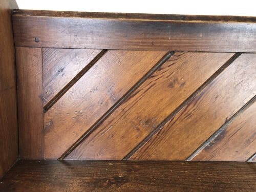 fig 2. Antique Pitch Pine Church Pew with Enamel Number Twenty-Seven