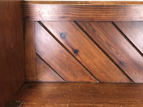 fig 2. Antique Pitch Pine Church Pew with Enamel Number Thirty-Five