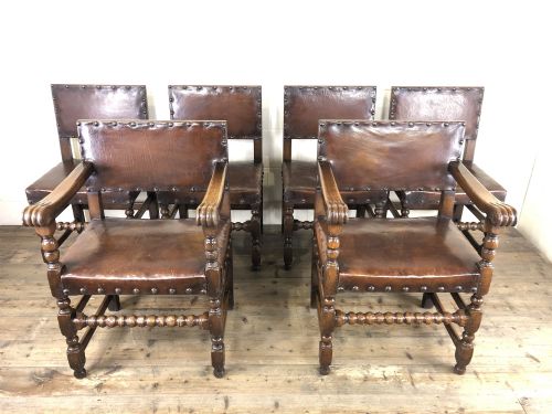 Set of Six Oak and Leather Dining Chairs