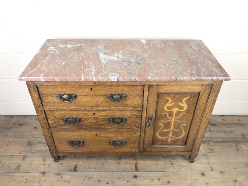 Antique Oak Arts & Crafts Marble Top Cupboard