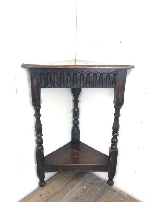 Small Antique Carved Oak Corner Table