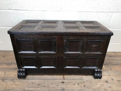 fig 1. 	
Antique Rare 17th Century Oak Coffer with Block Paw Feet