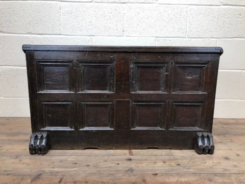 fig 2. 	
Antique Rare 17th Century Oak Coffer with Block Paw Feet