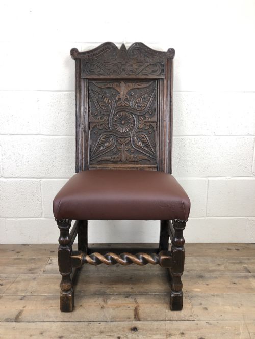 Early 18th Century Carved Oak Chair with Leather Seat