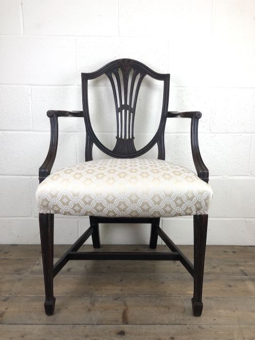 Antique 19th Century Open Arm Carver Armchair with Fabric Seat