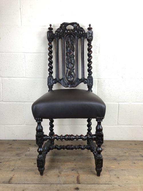 Antique 19th Century Carved Chair with Leather Seat