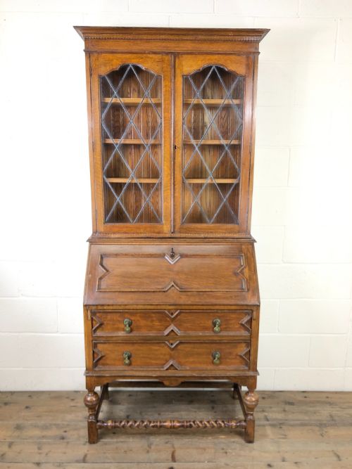 Antique Oak Glazed Bookcase Bureau
