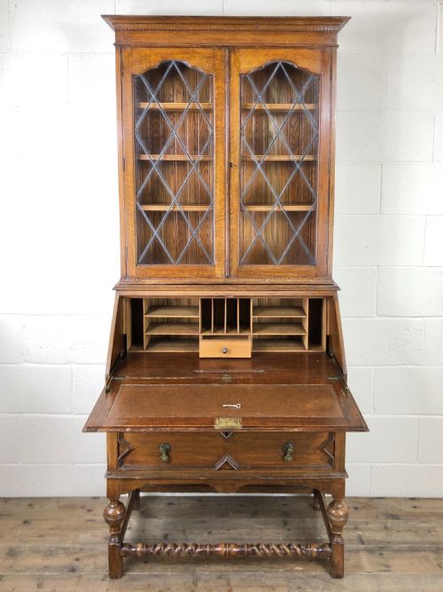 fig 1. Antique Oak Glazed Bookcase Bureau