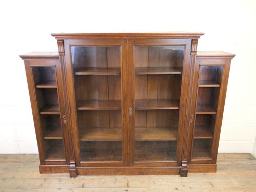 19th Century Antique Oak Breakfront Glazed Bookcase