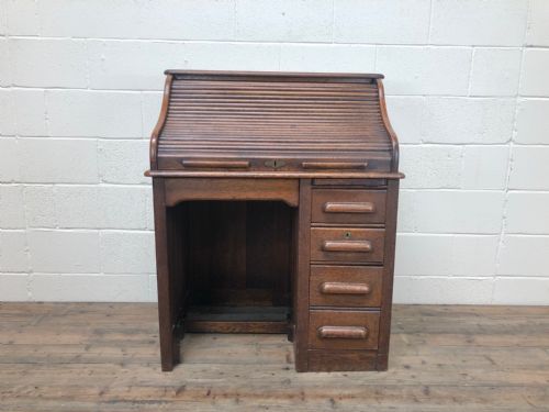 fig 1. Antique Early 20th Century Oak Roll Top Desk
