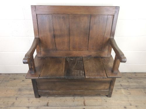 Small Antique Oak and Fruitwood Box Settle
