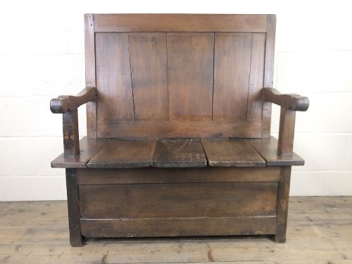fig 1. Small Antique Oak and Fruitwood Box Settle