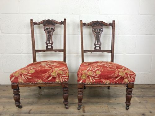 Pair of Antique Bedroom Chairs with Fabric Seats