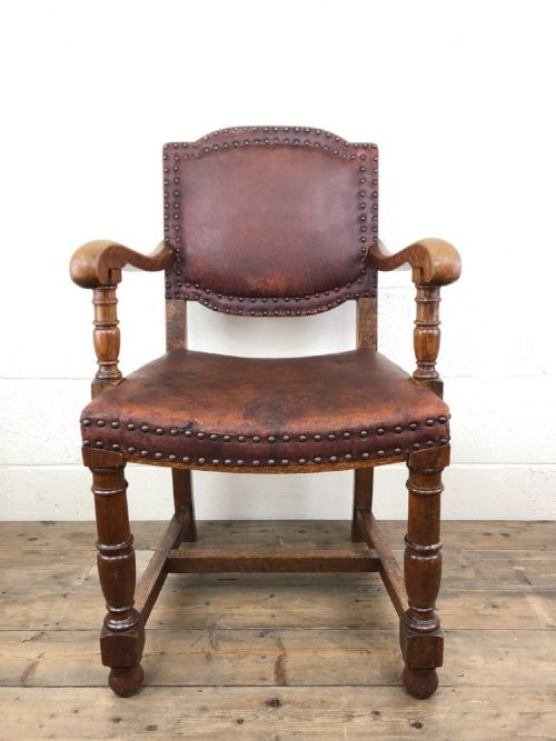 Antique Oak and Leather Studded Armchair
