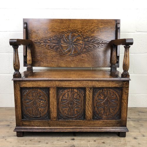 Antique Carved Oak Monks Bench Hall Seat