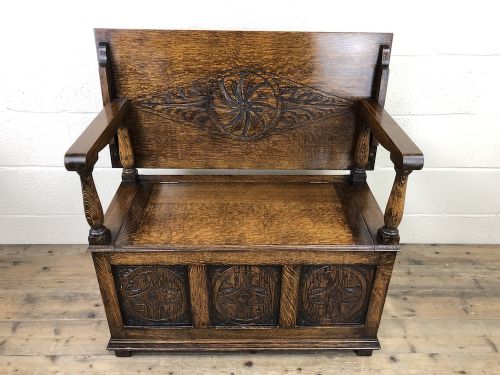 fig 1. Antique Carved Oak Monks Bench Hall Seat