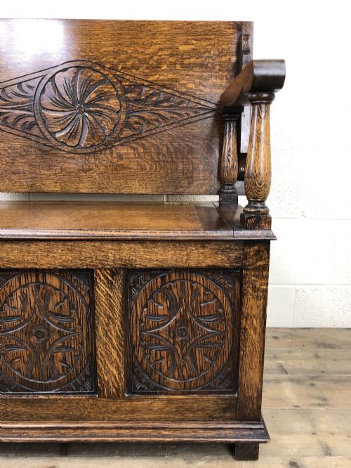 fig 2. Antique Carved Oak Monks Bench Hall Seat