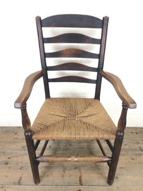 Antique Ladder Back Armchair with Rush Seat