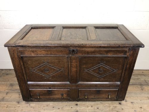 fig 1. 18th Century Oak Coffer or Mule Chest with Carved Panels