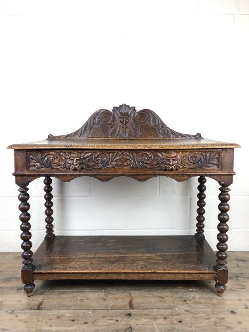 Victorian Gothic Oak Side Table with Green Man Details