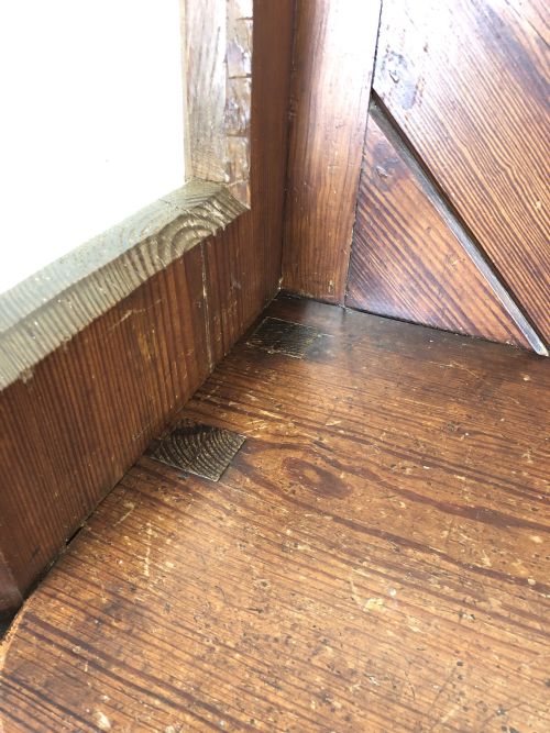 fig 2. Antique Pitch Pine Church Pew with Enamel Number Thirty-Seven