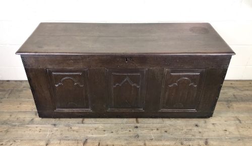fig 1. Antique 18th Century Oak Coffer with Carved Detail