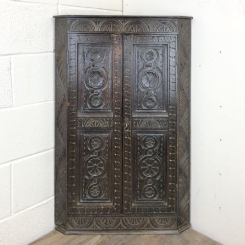 Antique Carved Oak Corner Cupboard