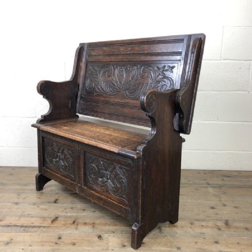 Antique Carved Oak Monks Bench