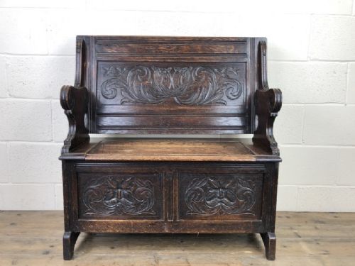 fig 1. Antique Carved Oak Monks Bench