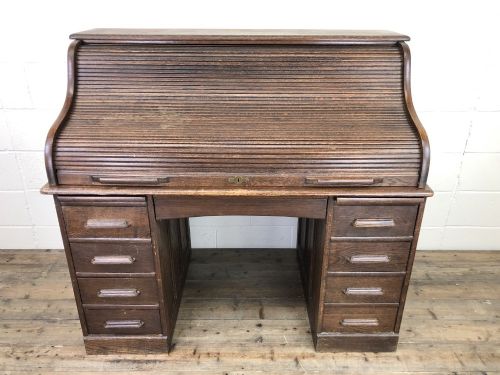 fig 1. Large Antique Oak Roll Top Desk