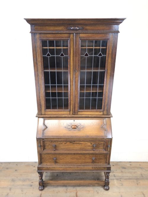 fig 1. Early 20th Century Antique Oak Bureau Bookcase
