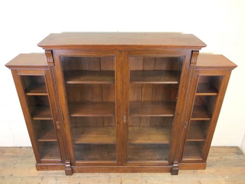 19th Century Antique Oak Breakfront Glazed Bookcase