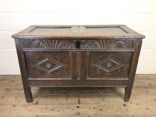 fig 1. 18th Century Oak Coffer with Carved Front
