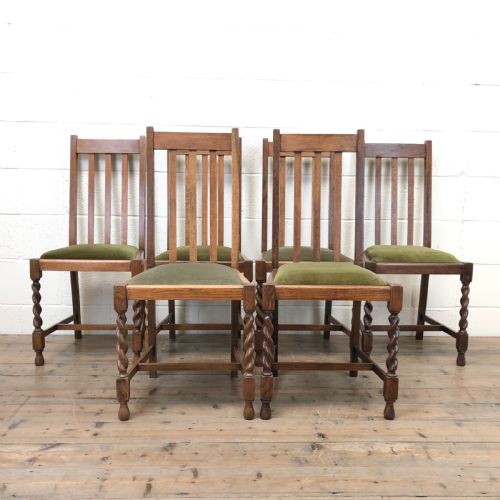 Antique Set of Six Green Fabric Dining Chairs