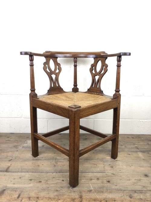 fig 1. Antique 19th Century Oak Corner Chair with Rush Seat