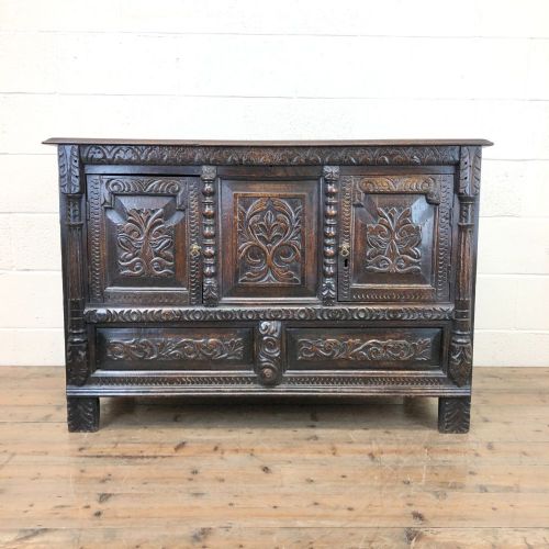 Large Oak Mule Chest Cupboard with Carvings