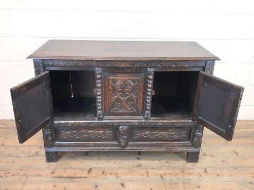 fig 1. Large Oak Mule Chest Cupboard with Carvings