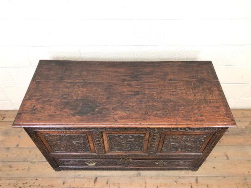 fig 1. 18th Century Carved Oak Mule Chest