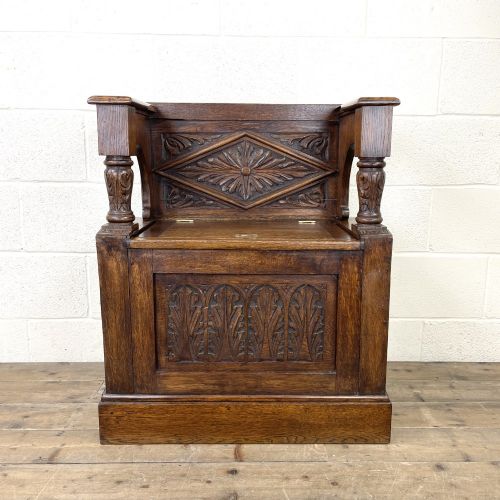 Early 20th Century Antique Carved Oak Hall Seat